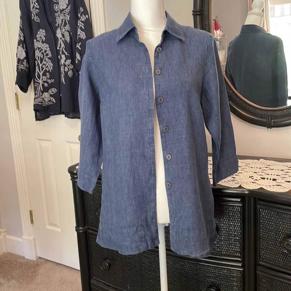 FLAX Button Front Shirt 3/4 Sleeve w Notch Detail Crisp 100% Linen Small